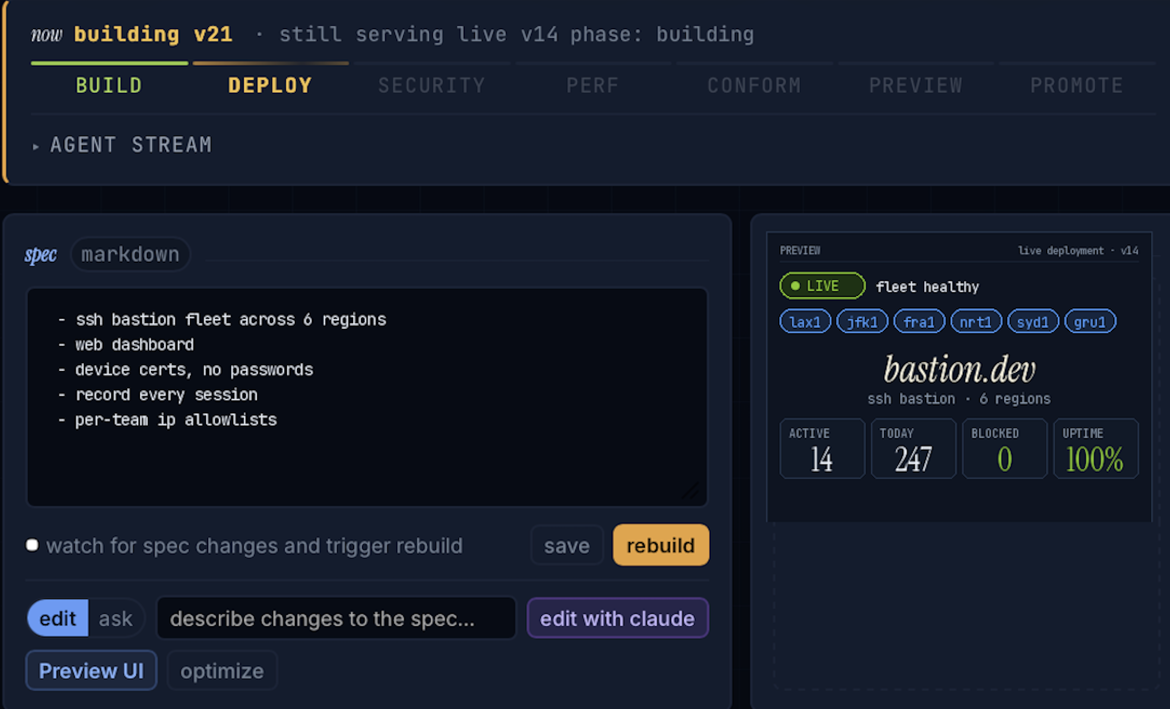 drydock project page — spec editor, agent stream, and live preview deployment